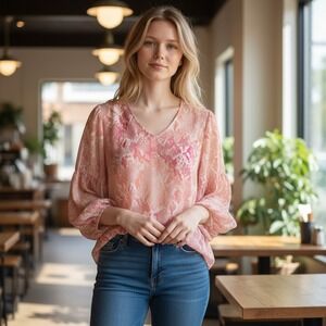 Cabi Python Blouse Pink Orange Snakeskin V-Neck Puff Sleeve Top Medium
